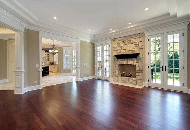 a rustic wide-plank hardwood floor in a cozy living room